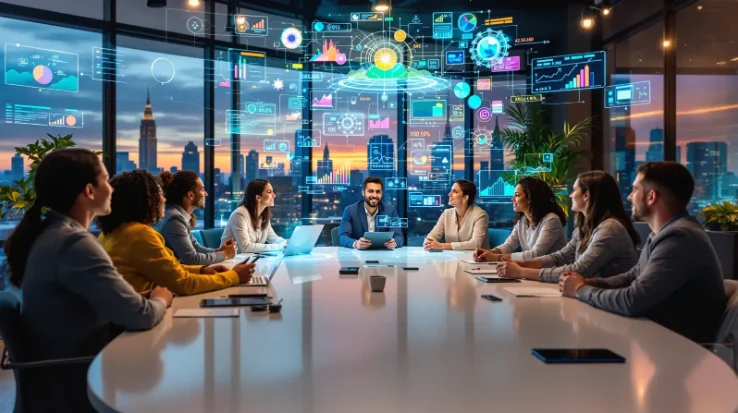 Entrepreneurs brainstorming with holographic AI-generated ideas and data visualizations.