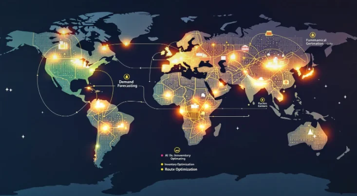 Visualized supply chain with AI-powered components for demand forecasting and route optimization.